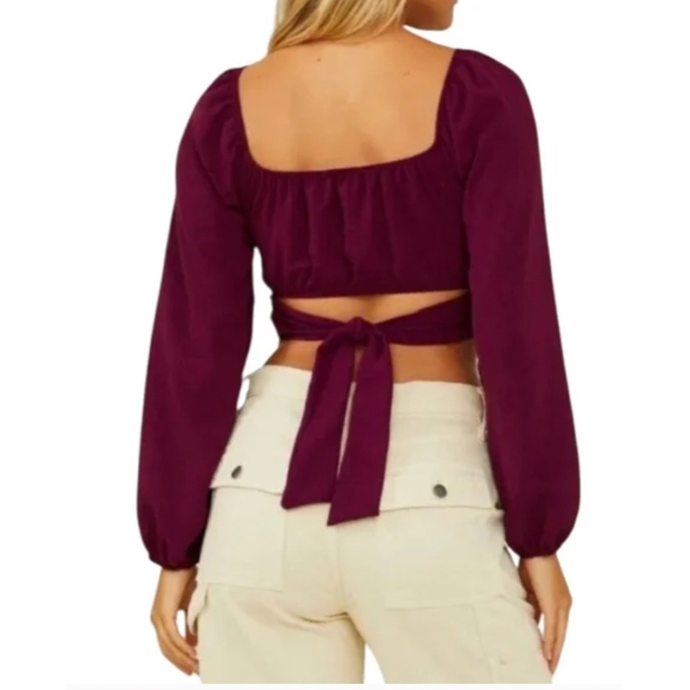 NWT Altar'd State Plum Purple Tie Front Crop Top Long Balloon Sleeve Boho Size L - Picture 2 of 6